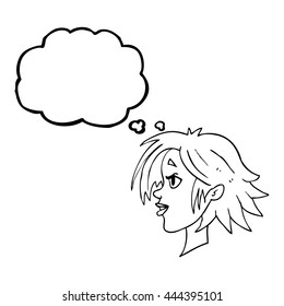 caricatura de burbuja de pensamiento dibujada a mano libre cara femenina feliz