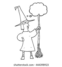 freehand drawn thought bubble cartoon witch with broom