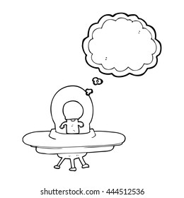 freehand drawn thought bubble cartoon alien in flying saucer
