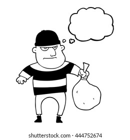 freehand drawn thought bubble cartoon burglar with loot bag