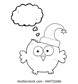 freehand drawn thought bubble cartoon little owl wearing christmas hat