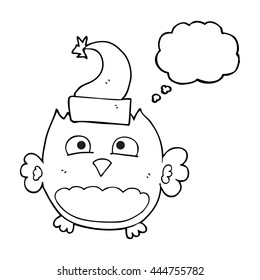 freehand drawn thought bubble cartoon owl wearing christmas hat
