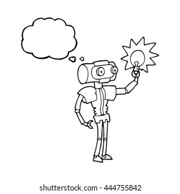 freehand drawn thought bubble cartoon robot with light bulb