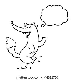freehand drawn thought bubble cartoon happy wolf dancing