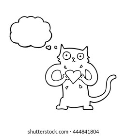 freehand drawn thought bubble cartoon cat with love heart