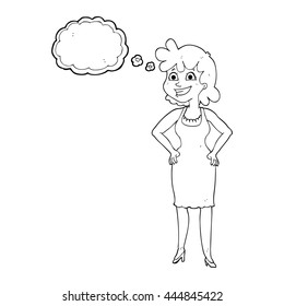 dibujo a mano libre pensamiento burbuja dibujos animados mujer feliz usando vestido