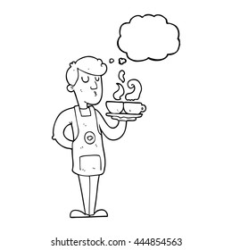 Cartoon barista freehand gezeichnete Gedankenblase für Kaffee