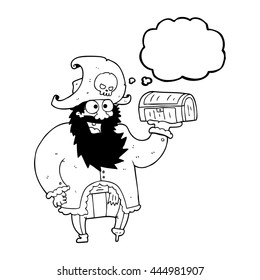 freehand drawn thought bubble cartoon pirate captain with treasure chest