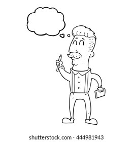 freehand drawn thought bubble cartoon man with notebook
