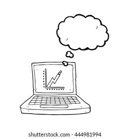 computadora portátil de dibujos animados de burbuja de pensamiento dibujado a mano libre con gráfico de negocios