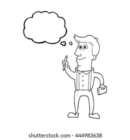 freehand drawn thought bubble cartoon man with notebook and pen