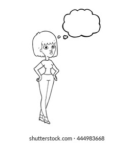 freehand drawn thought bubble cartoon woman with hands on hips