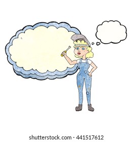 freehand drawn thought bubble textured cartoon female mechanic