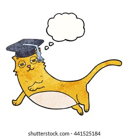 freehand drawn thought bubble textured cartoon cat with graduate cap
