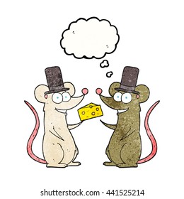 freehand drawn thought bubble textured cartoon mice with cheese