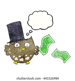 freehand drawn thought bubble textured cartoon wealthy little owl with top hat