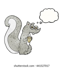 freehand drawn thought bubble textured cartoon squirrel with nut