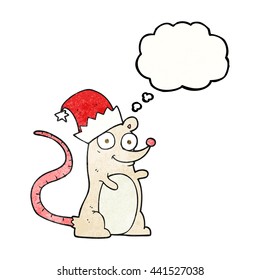 freehand drawn thought bubble textured cartoon mouse wearing christmas hat