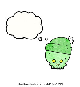 freehand drawn thought bubble textured cartoon skull wearing hat