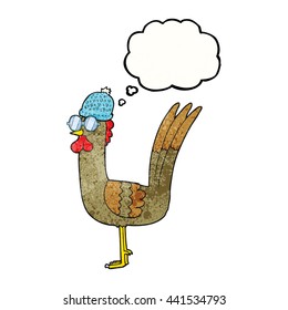 freehand drawn thought bubble textured cartoon chicken wearing spectacles and hat
