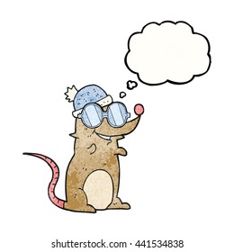 freehand drawn thought bubble textured cartoon mouse wearing glasses and hat