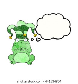 sapo de caricatura con textura de burbuja de pensamiento dibujado a mano libre con sombrero jester
