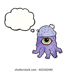 freehand drawn thought bubble textured cartoon alien wearing  hat