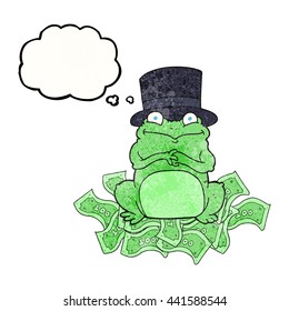freehand drawn thought bubble textured cartoon rich frog in top hat