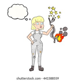 freehand drawn thought bubble textured cartoon female electrician