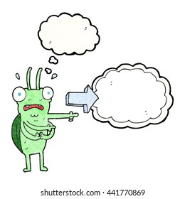 freehand drawn thought bubble textured cartoon bug pointing