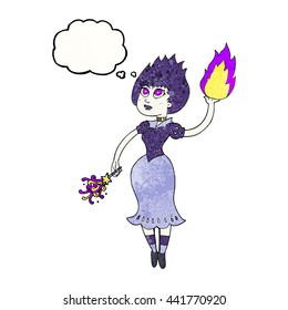 freehand drawn thought bubble textured cartoon vampire girl casting fireball