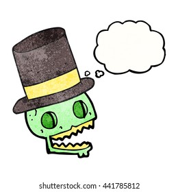 freehand drawn thought bubble textured cartoon laughing skull in top hat