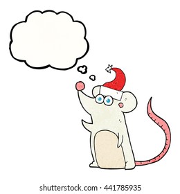 freehand drawn thought bubble textured cartoon mouse christmas hat