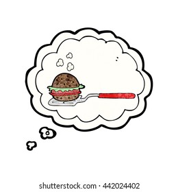 freehand drawn thought bubble textured cartoon spatula with burger