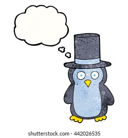 freehand drawn thought bubble textured cartoon penguin wearing hat