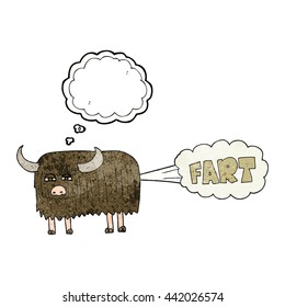 freehand drawn thought bubble textured cartoon hairy cow farting