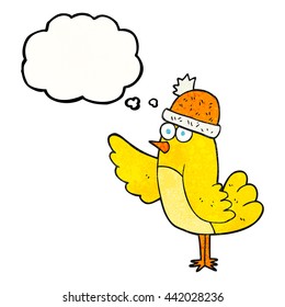 freehand drawn thought bubble textured cartoon bird wearing hat