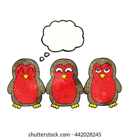 freehand drawn thought bubble textured cartoon christmas robins holding hands