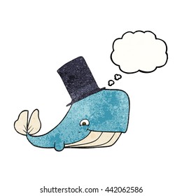 freehand drawn thought bubble textured cartoon whale in top hat