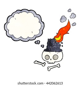 freehand drawn thought bubble textured cartoon burning candle on skull