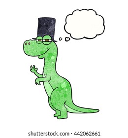freehand drawn thought bubble textured cartoon dinosaur wearing top hat
