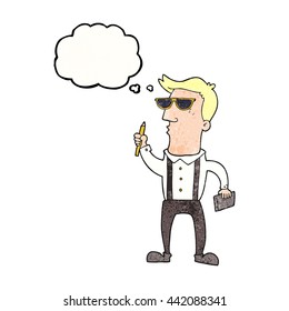freehand drawn thought bubble textured cartoon man with notebook