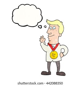 freehand drawn thought bubble textured cartoon waving man with award