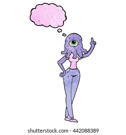freehand drawn thought bubble textured cartoon female alien with raised hand