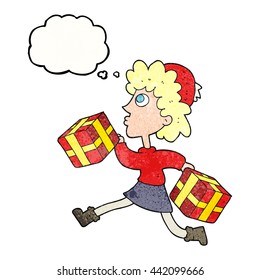 freehand drawn thought bubble textured cartoon running woman with presents
