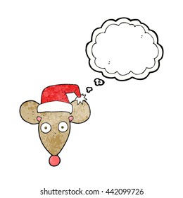 freehand drawn thought bubble textured cartoon mouse in christmas hat