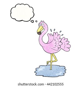flamingo de caricatura texturizada con burbuja de pensamiento dibujado a mano libre