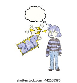 freehand drawn thought bubble textured cartoon casual alien girl using telepathy