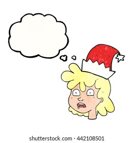 freehand drawn thought bubble textured cartoon stressed woman wearing santa hat