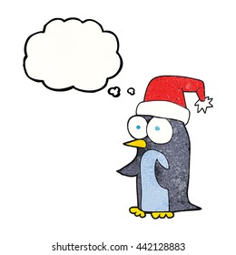 freehand drawn thought bubble textured cartoon christmas penguin